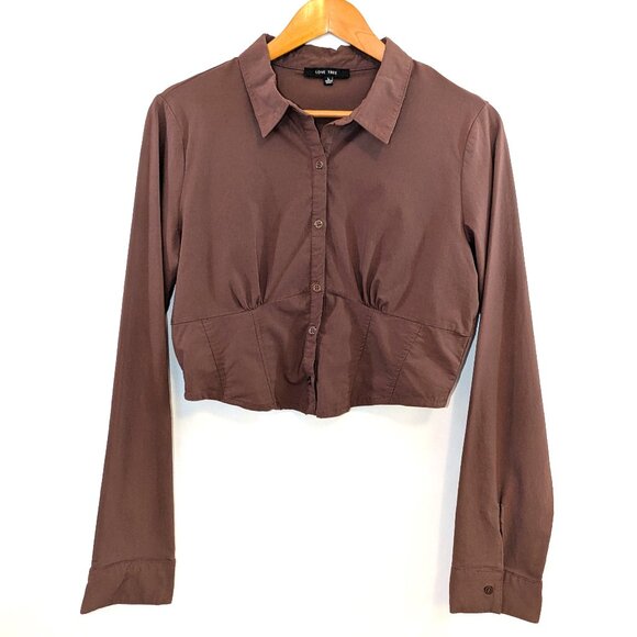 NWOT Love Tree | Chocolate Brown Button Down Corset Crop Top | Size Large - Picture 2 of 11